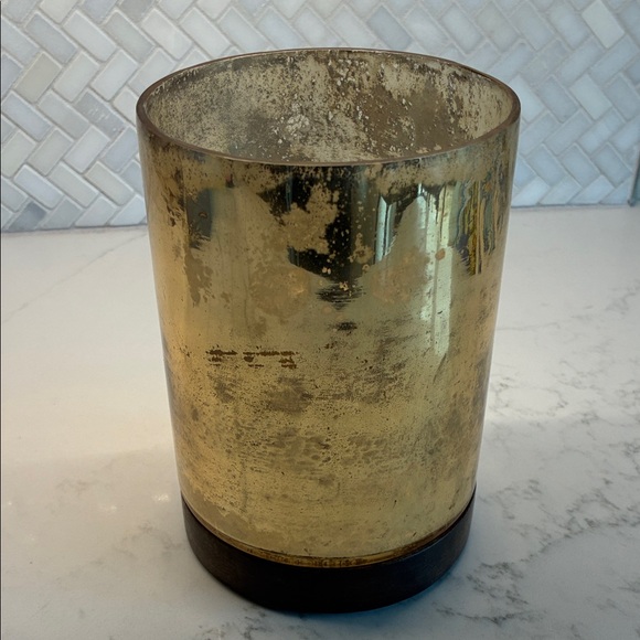 World Market Gold Mercury Glass Candle Holder Hurricane with Wood Base - Picture 1 of 8